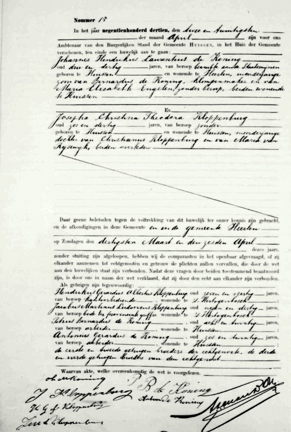 1913 0422 huissen j.h.l. de koning en j.ch. th. kloppenburg trouwacte coll. gelders archief 600px